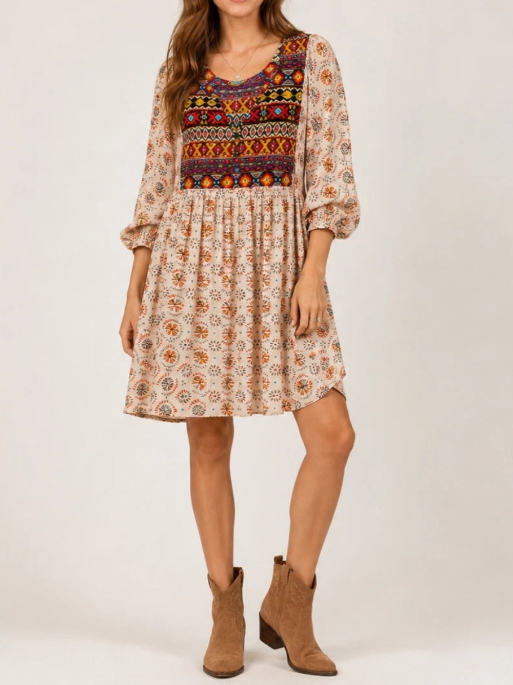 Umgee Cream Boho Tunic Dress with Multicolor Embroidered Yoke Size L
